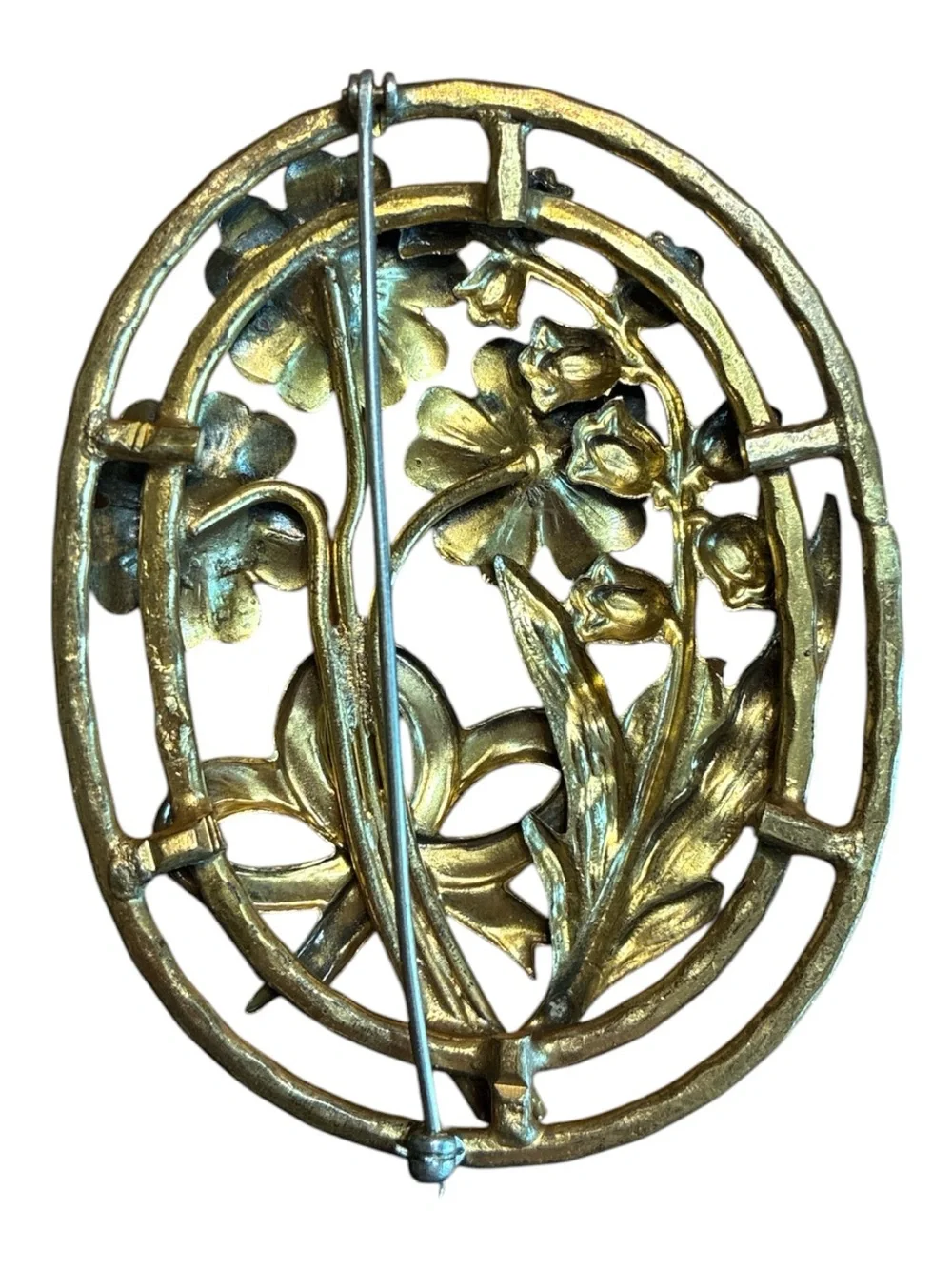 Large Brass Tone Floral Brooch